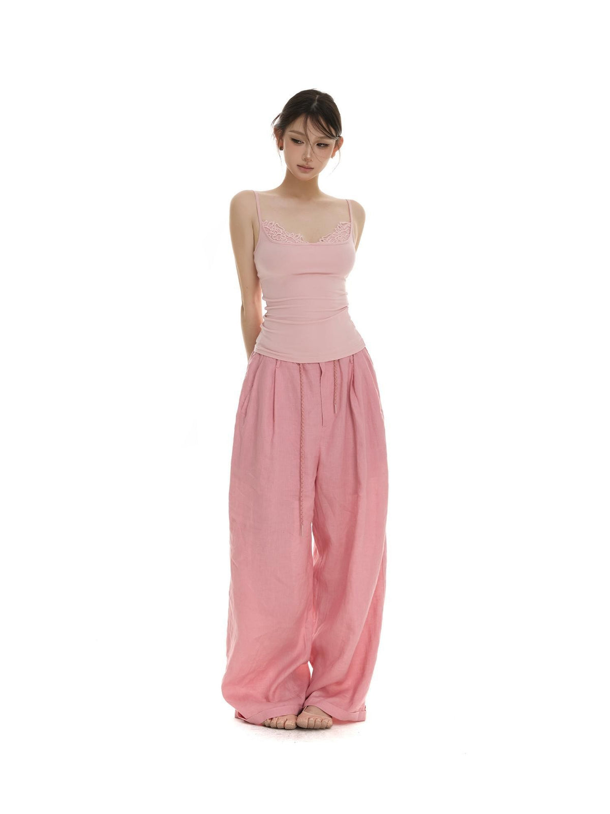 itsdinn Pink Drawstring Rolled Hem Low Rise Women&