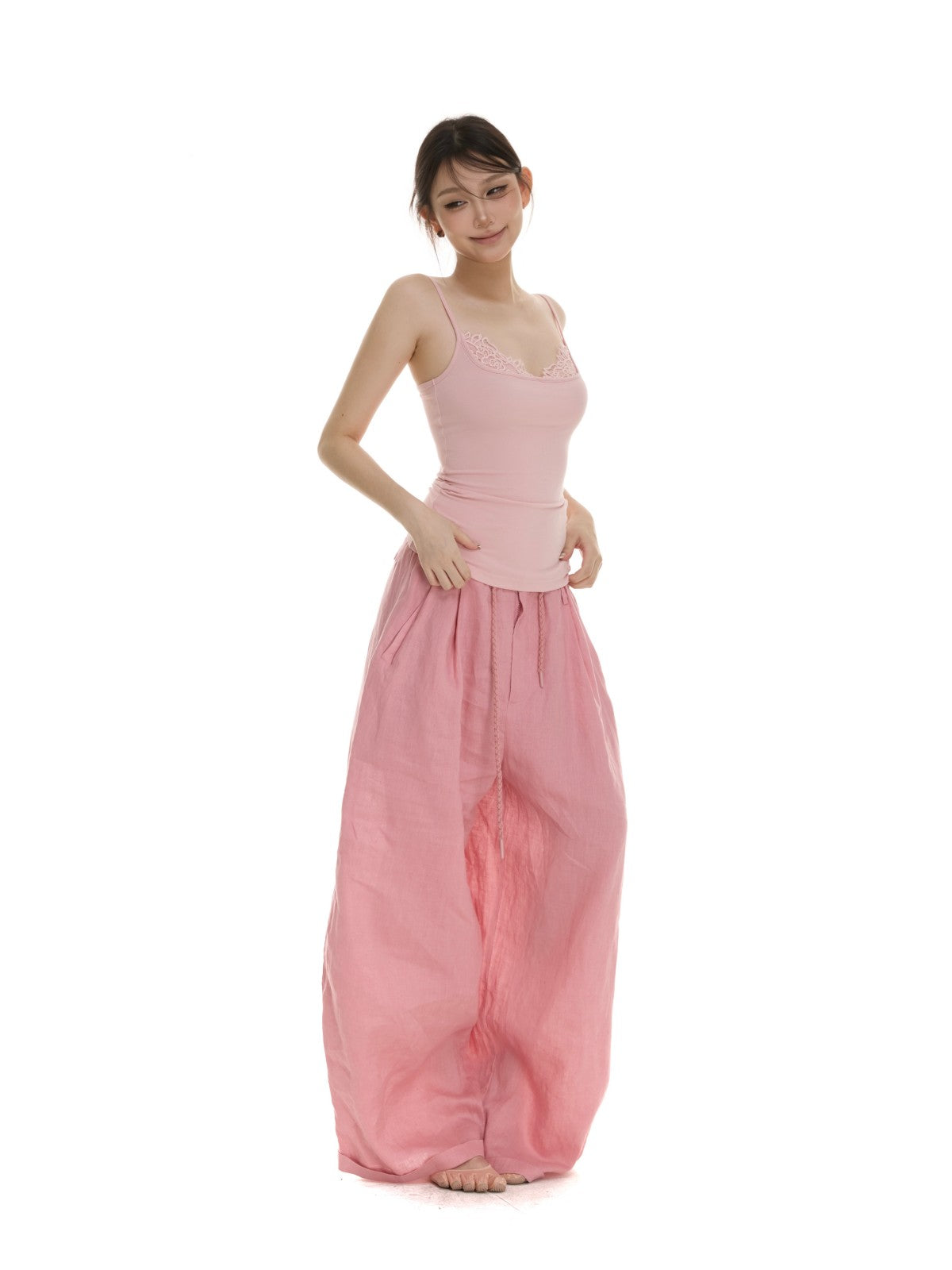itsdinn Pink Drawstring Rolled Hem Low Rise Women&