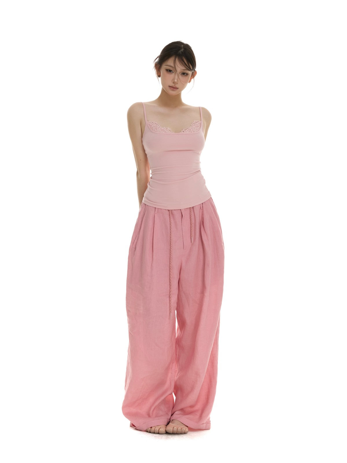 itsdinn Pink Drawstring Rolled Hem Low Rise Women&