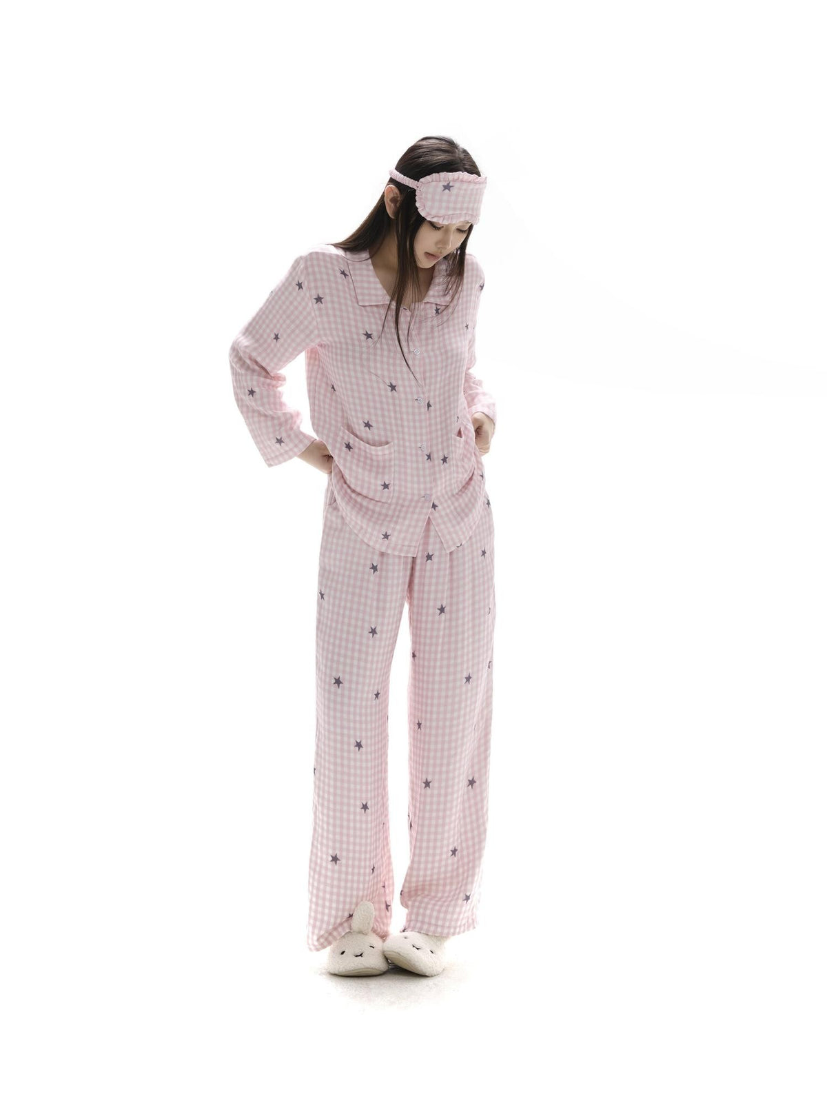 itsdinn Pink Star Plaid Collared Women&