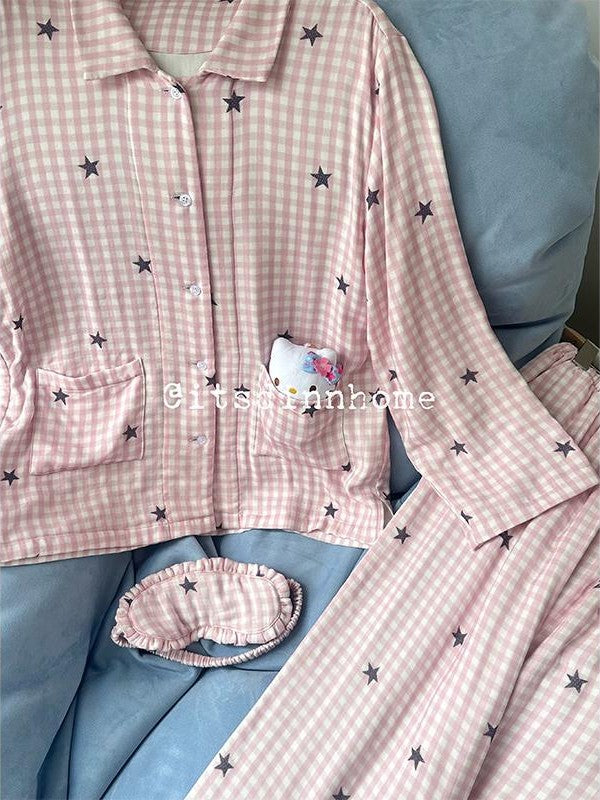 itsdinn Pink Star Plaid Collared Women&
