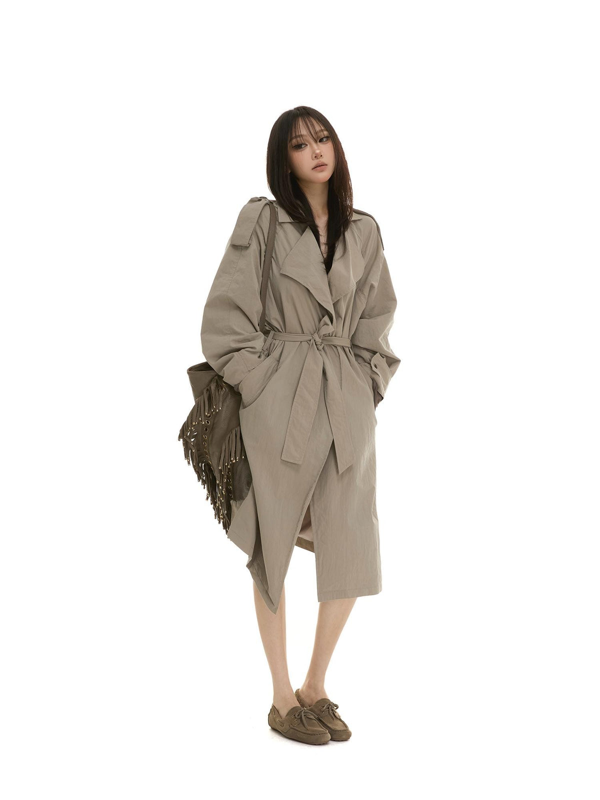 itsdinn Pleated Textured Lapel Tie Belt Women&