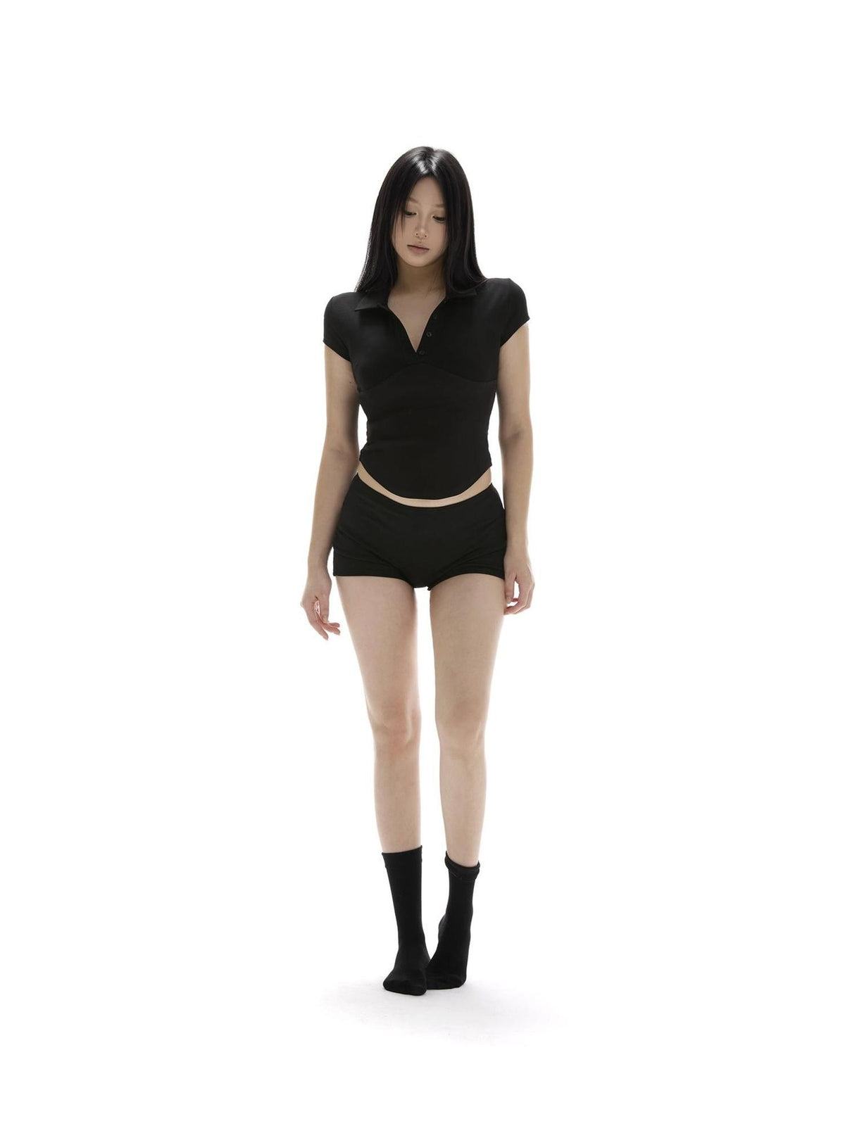 itsdinn Polo Collar Waist Paneling Cross Print Women&