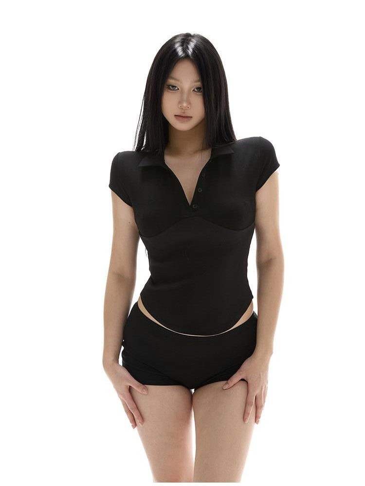 itsdinn Polo Collar Waist Paneling Cross Print Women&