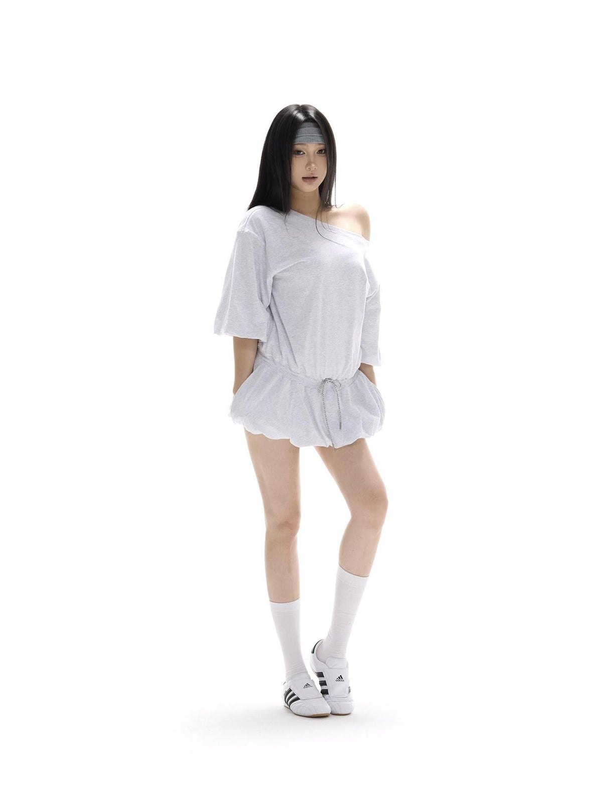 itsdinn Puff Sleeve Tie Low Waist Balloon Hem Women&