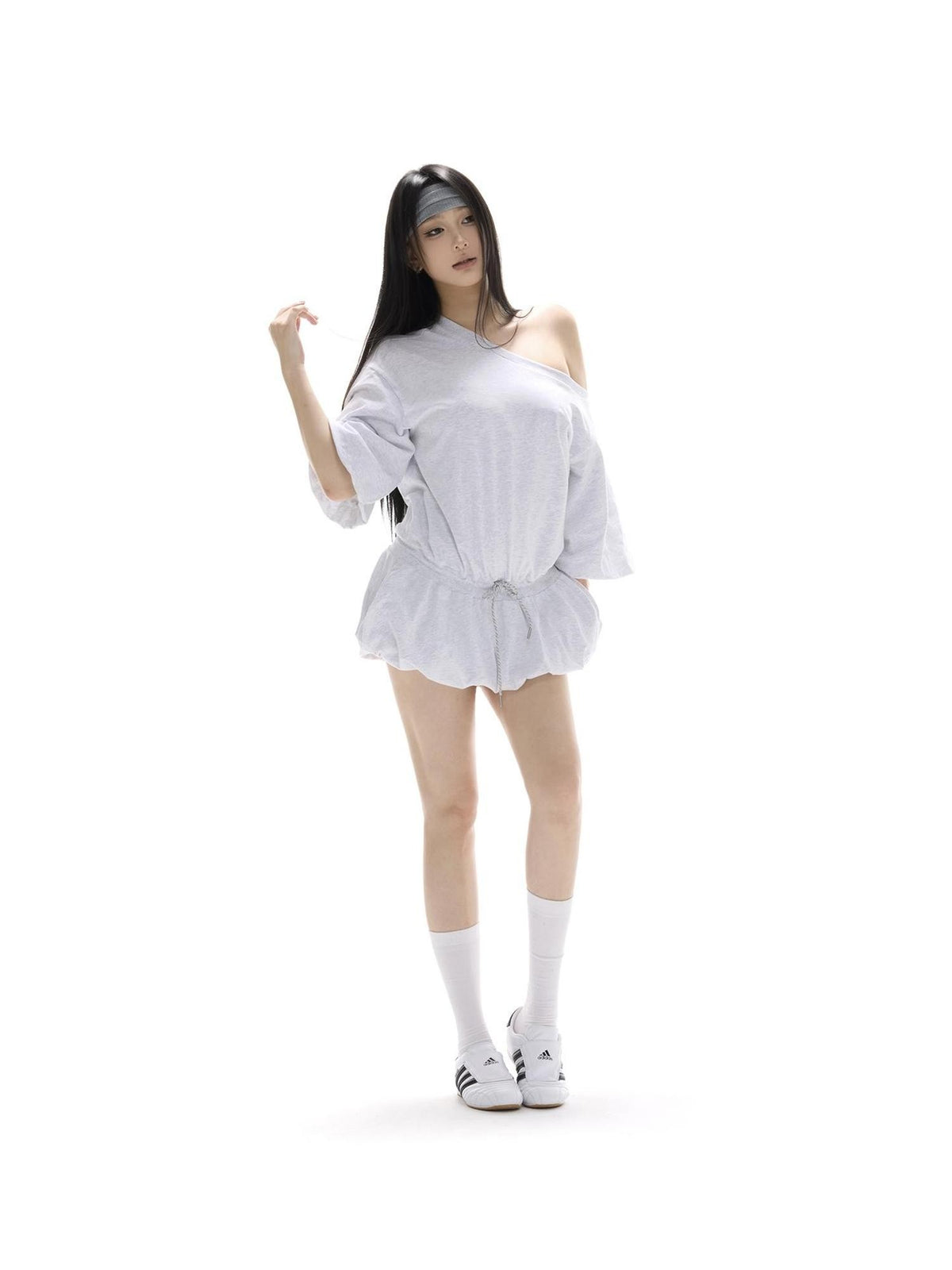 itsdinn Puff Sleeve Tie Low Waist Balloon Hem Women&