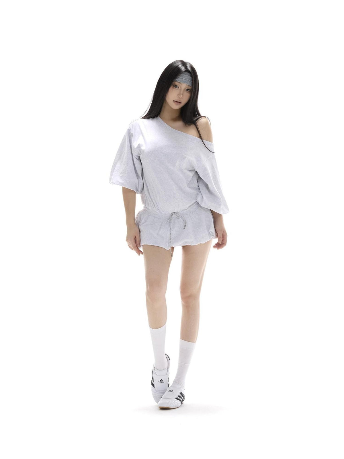 itsdinn Puff Sleeve Tie Low Waist Balloon Hem Women&
