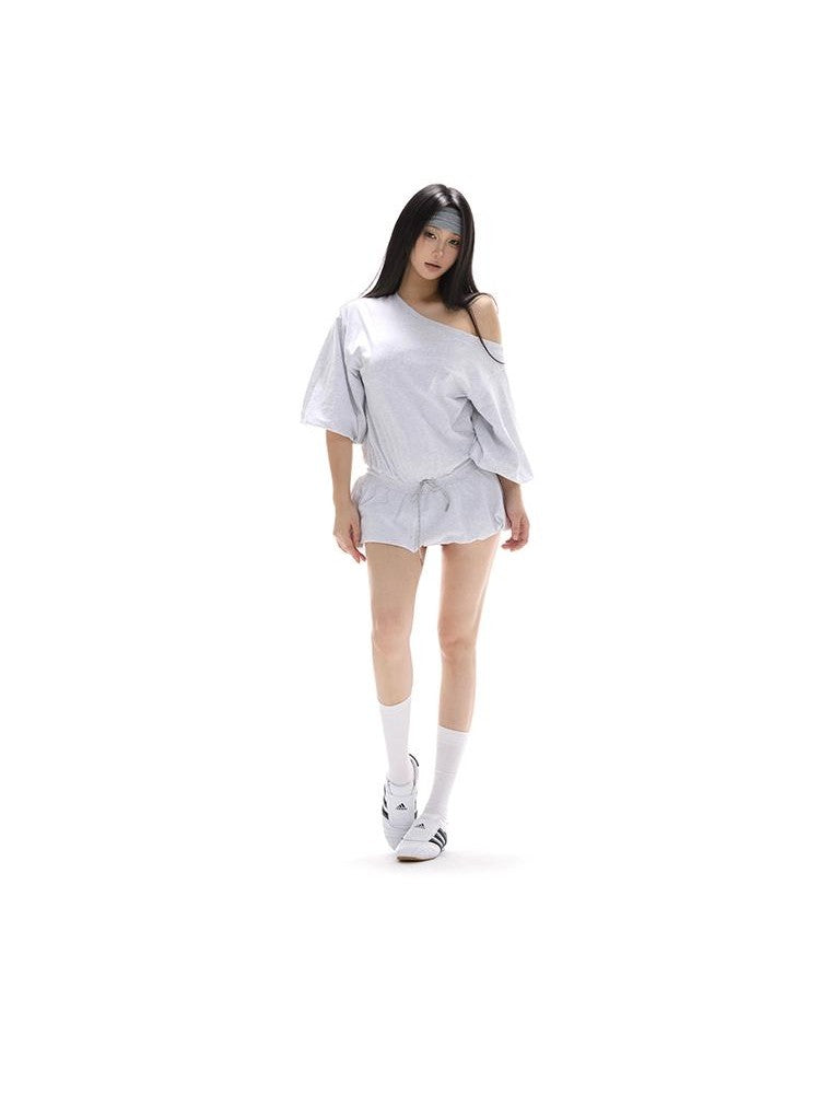 itsdinn Puff Sleeve Tie Low Waist Balloon Hem Women&