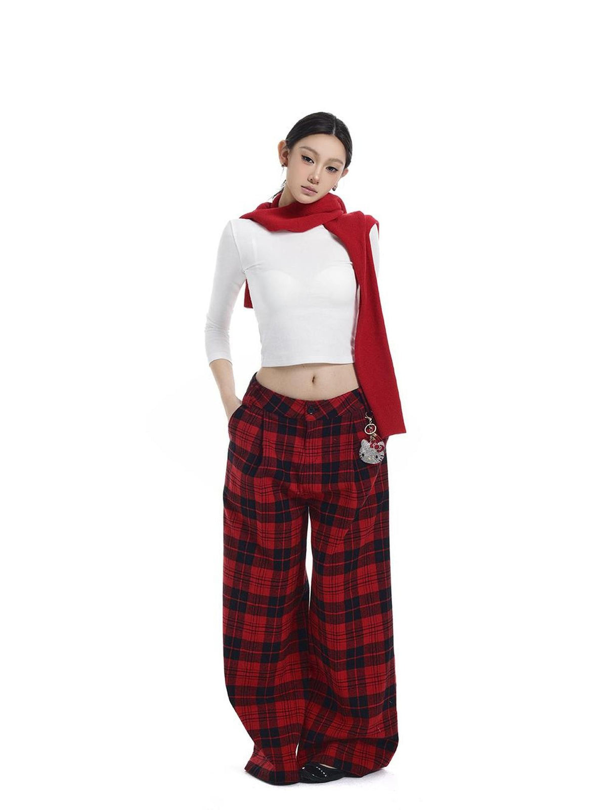 itsdinn Relaxed Drapey Brushed Plaid Low Rise Women&