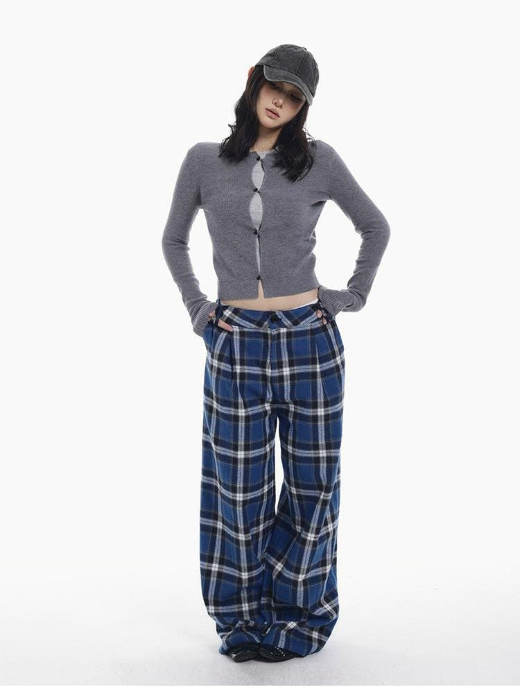 itsdinn Relaxed Drapey Brushed Plaid Low Rise Women&