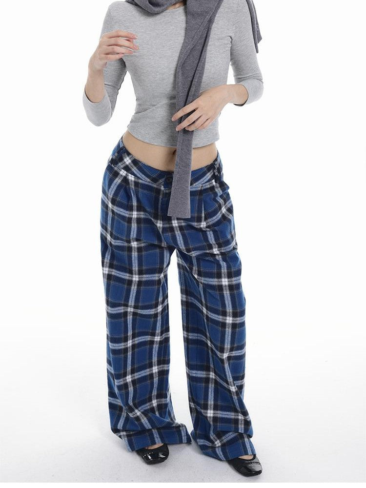 itsdinn Relaxed Drapey Brushed Plaid Low Rise Women&
