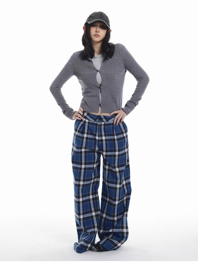 itsdinn Relaxed Drapey Brushed Plaid Low Rise Women&