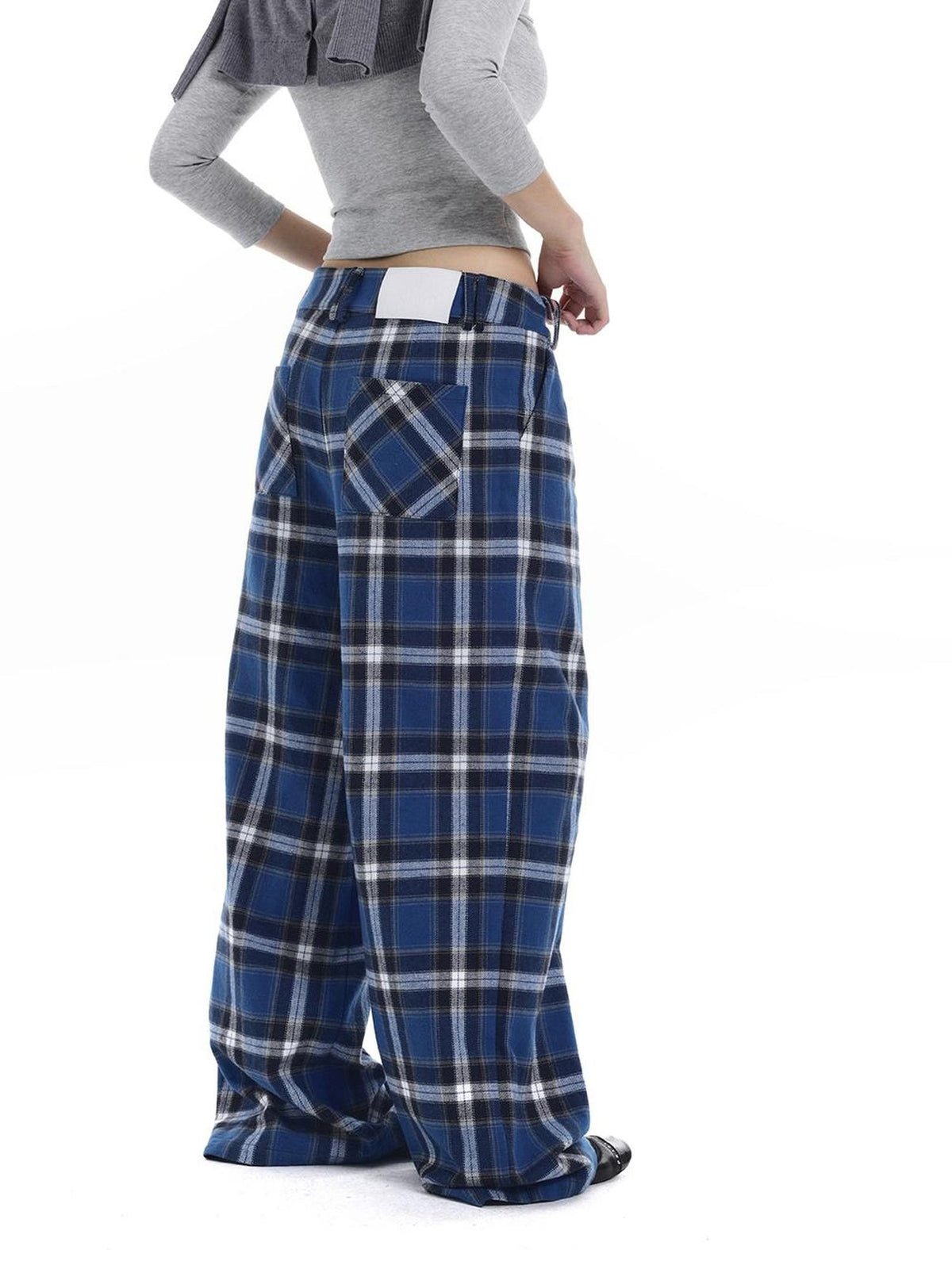 itsdinn Relaxed Drapey Brushed Plaid Low Rise Women&