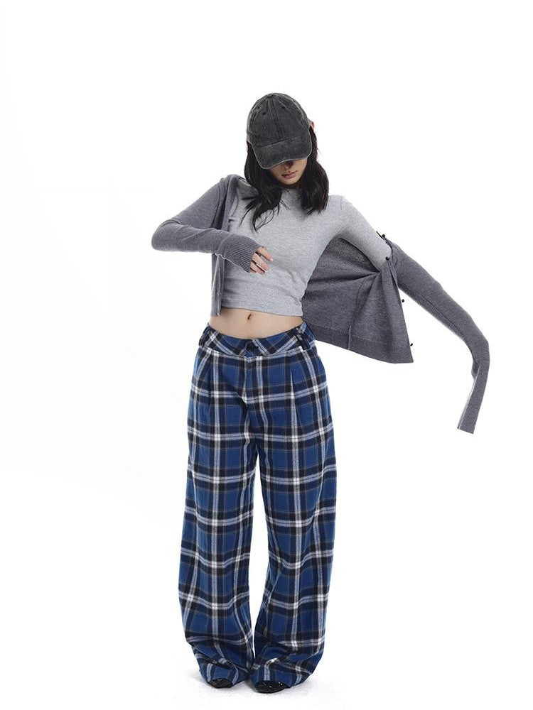 itsdinn Relaxed Drapey Brushed Plaid Low Rise Women&