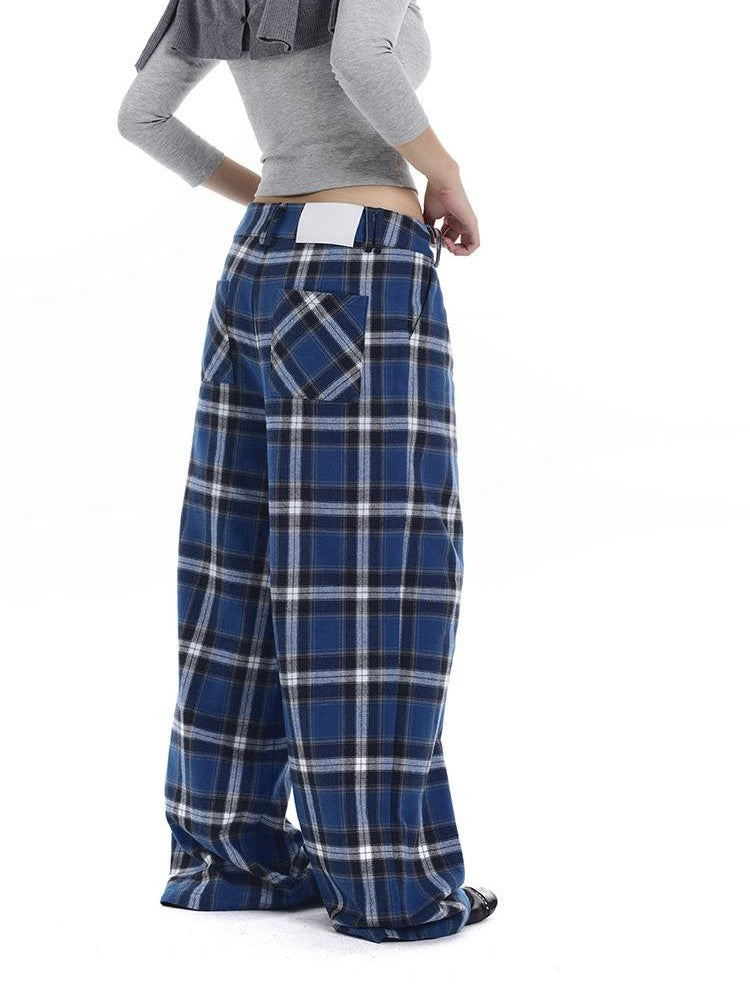 itsdinn Relaxed Drapey Brushed Plaid Low Rise Women&