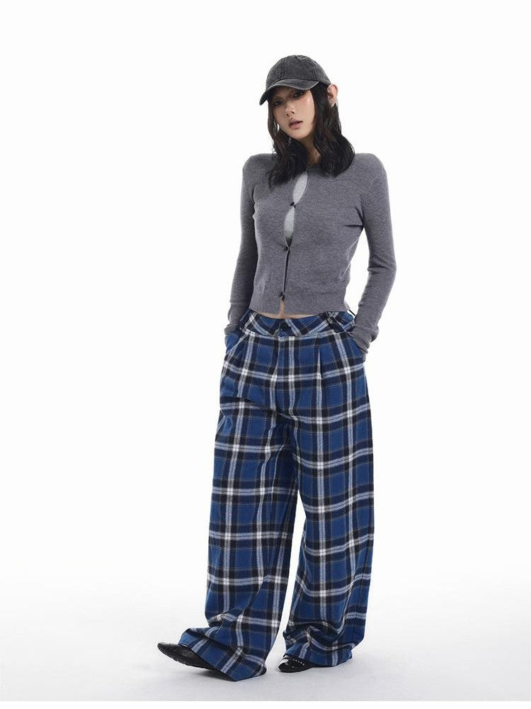 itsdinn Relaxed Drapey Brushed Plaid Low Rise Women&