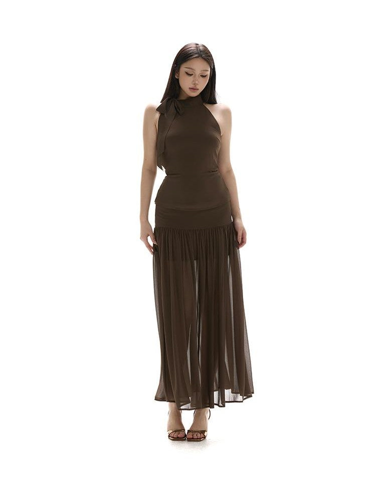 itsdinn Resort Chiffon Halter Waist Slimming Women&