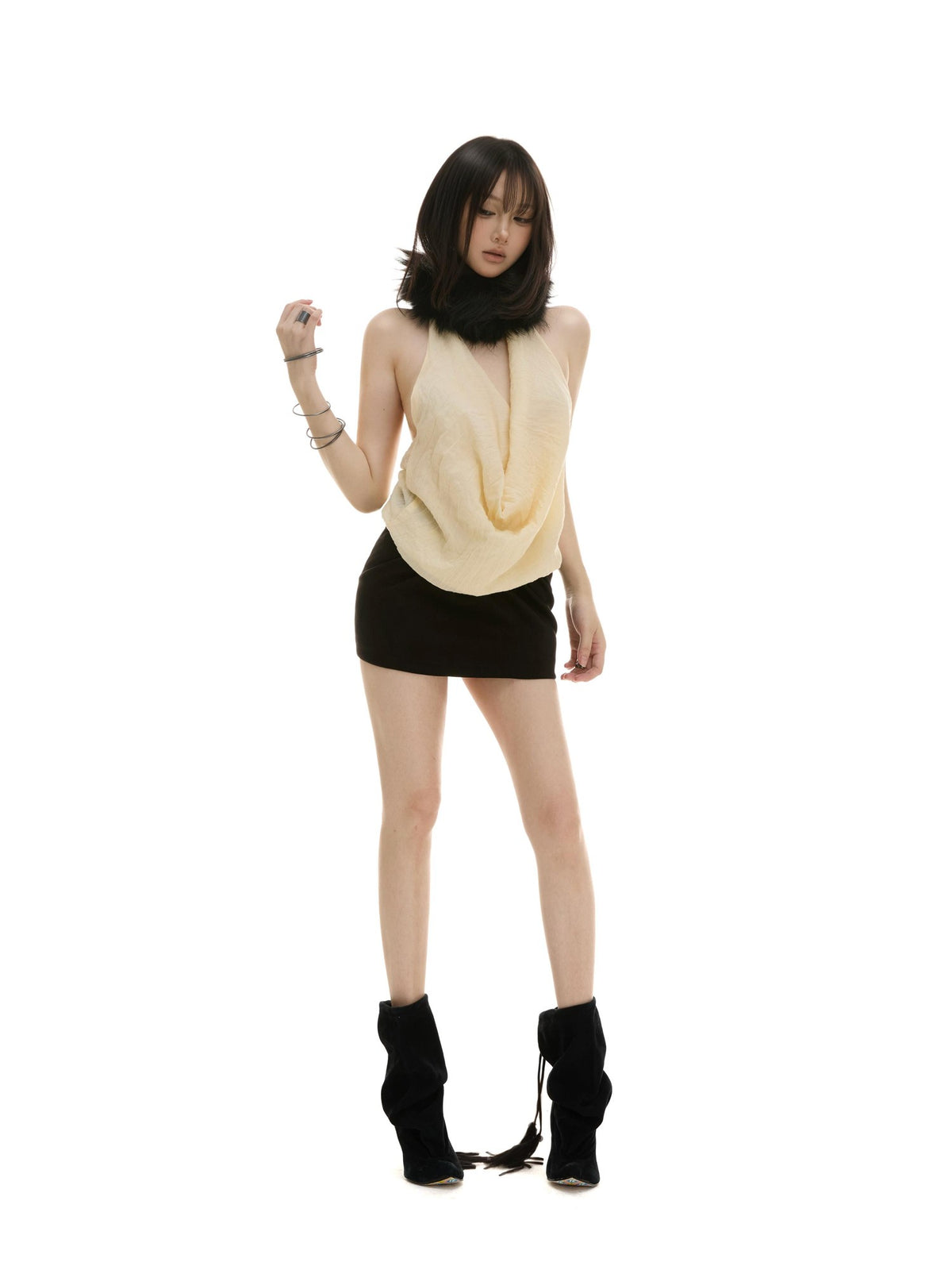itsdinn Ruched Draped Deep V-neck Crinkle Sheer Halter Tie Cutout Women&