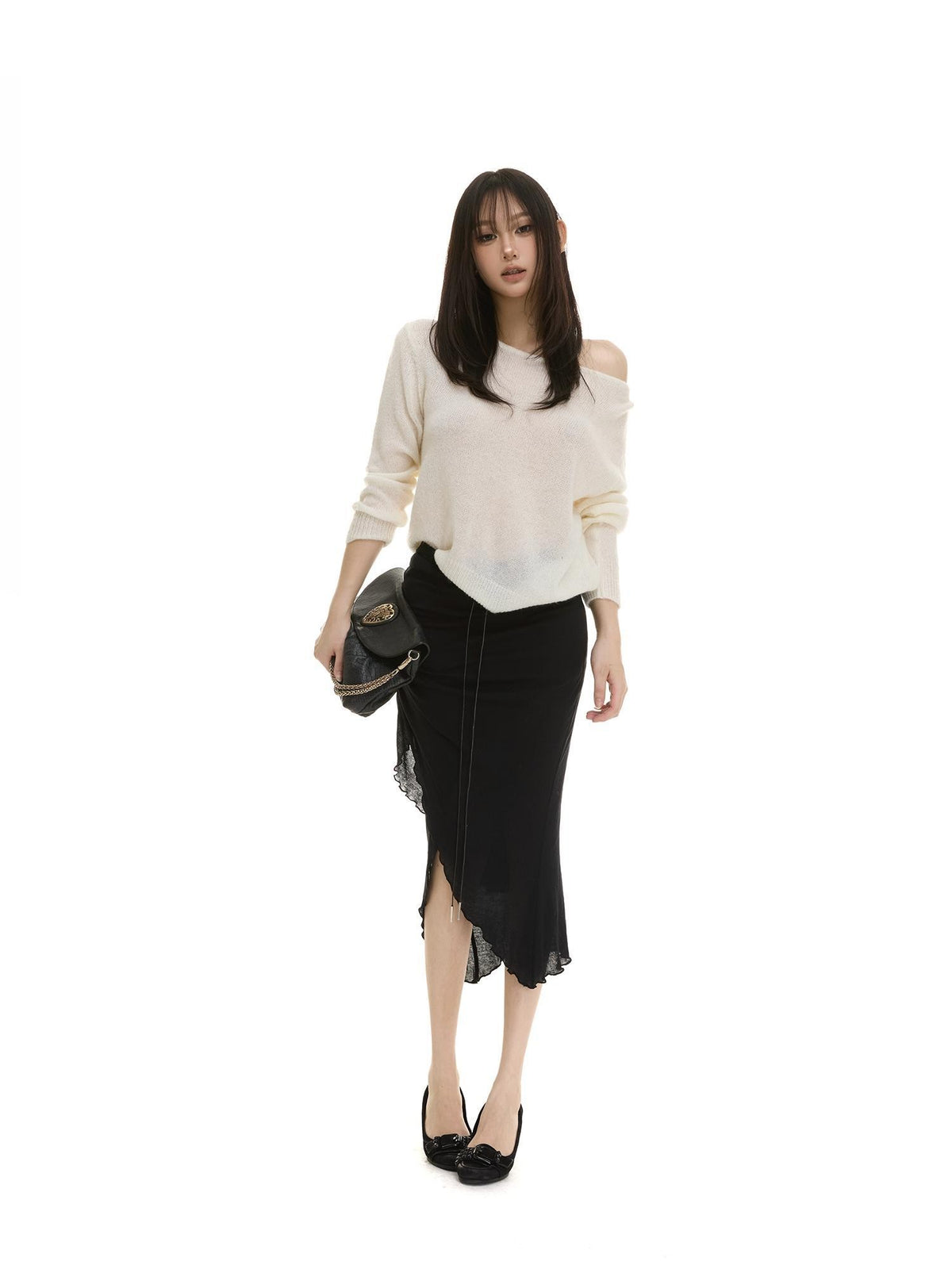 itsdinn Slanted Shoulder Batwing Knit Crewneck Women&