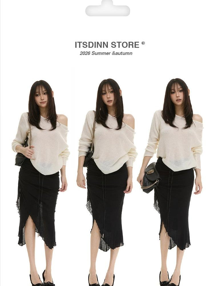 itsdinn Slanted Shoulder Batwing Knit Crewneck Women&