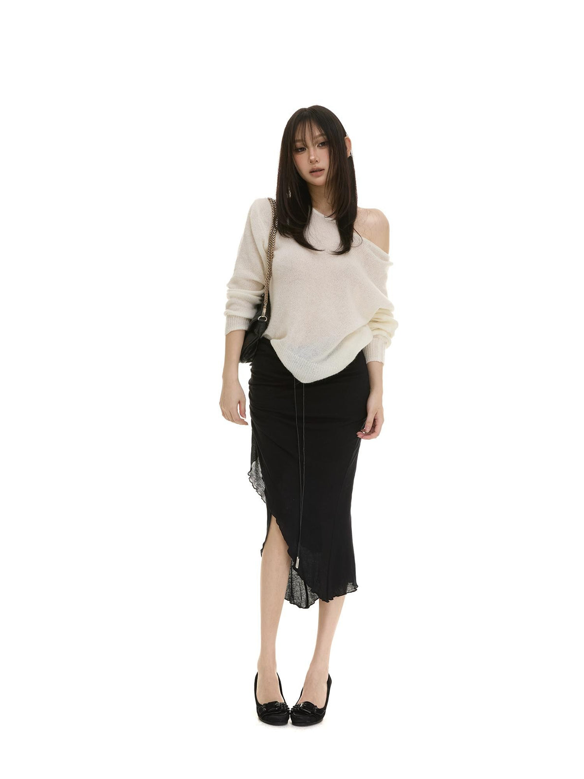 itsdinn Slanted Shoulder Batwing Knit Crewneck Women&