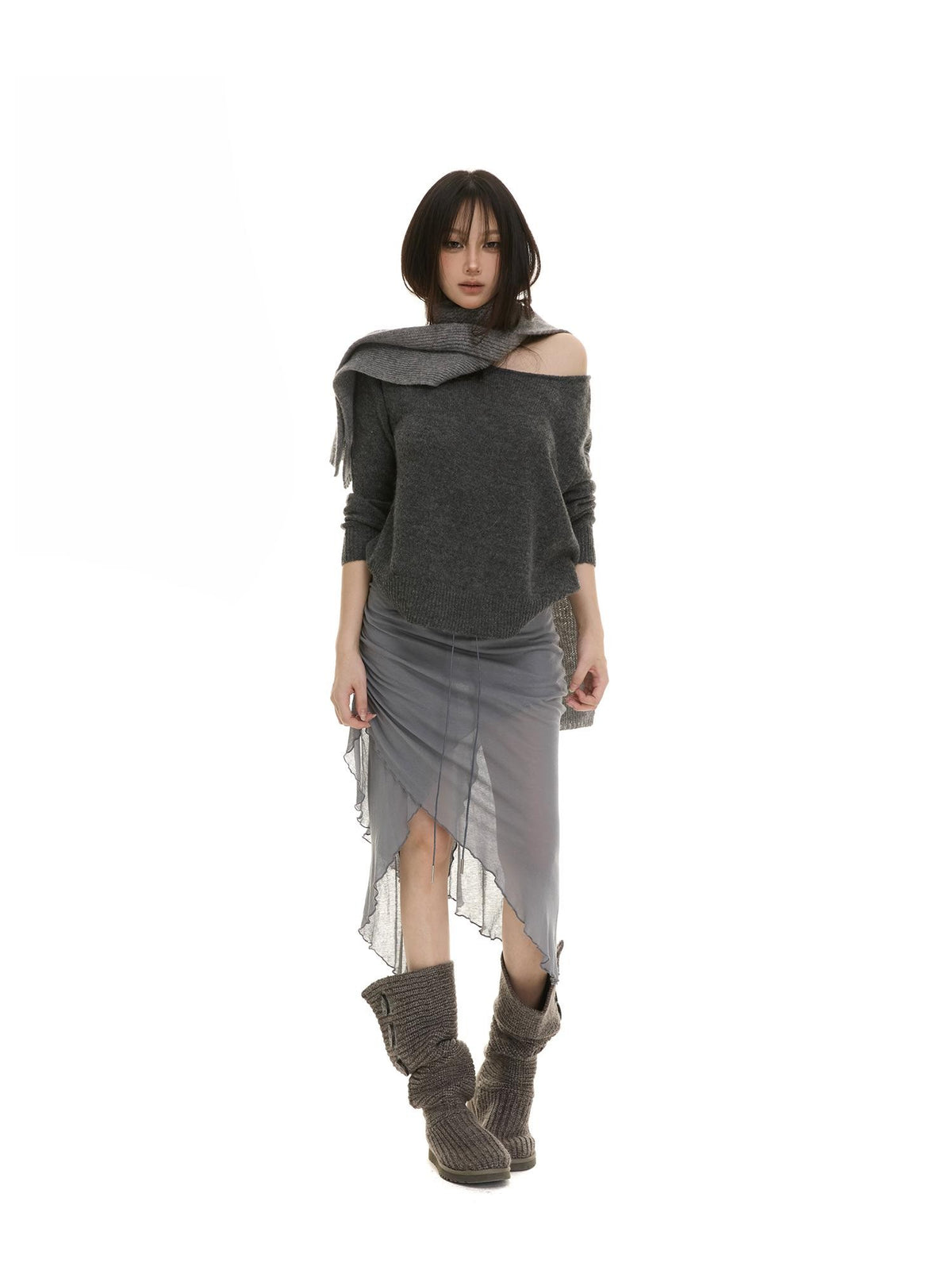 itsdinn Slanted Shoulder Batwing Knit Crewneck Women&
