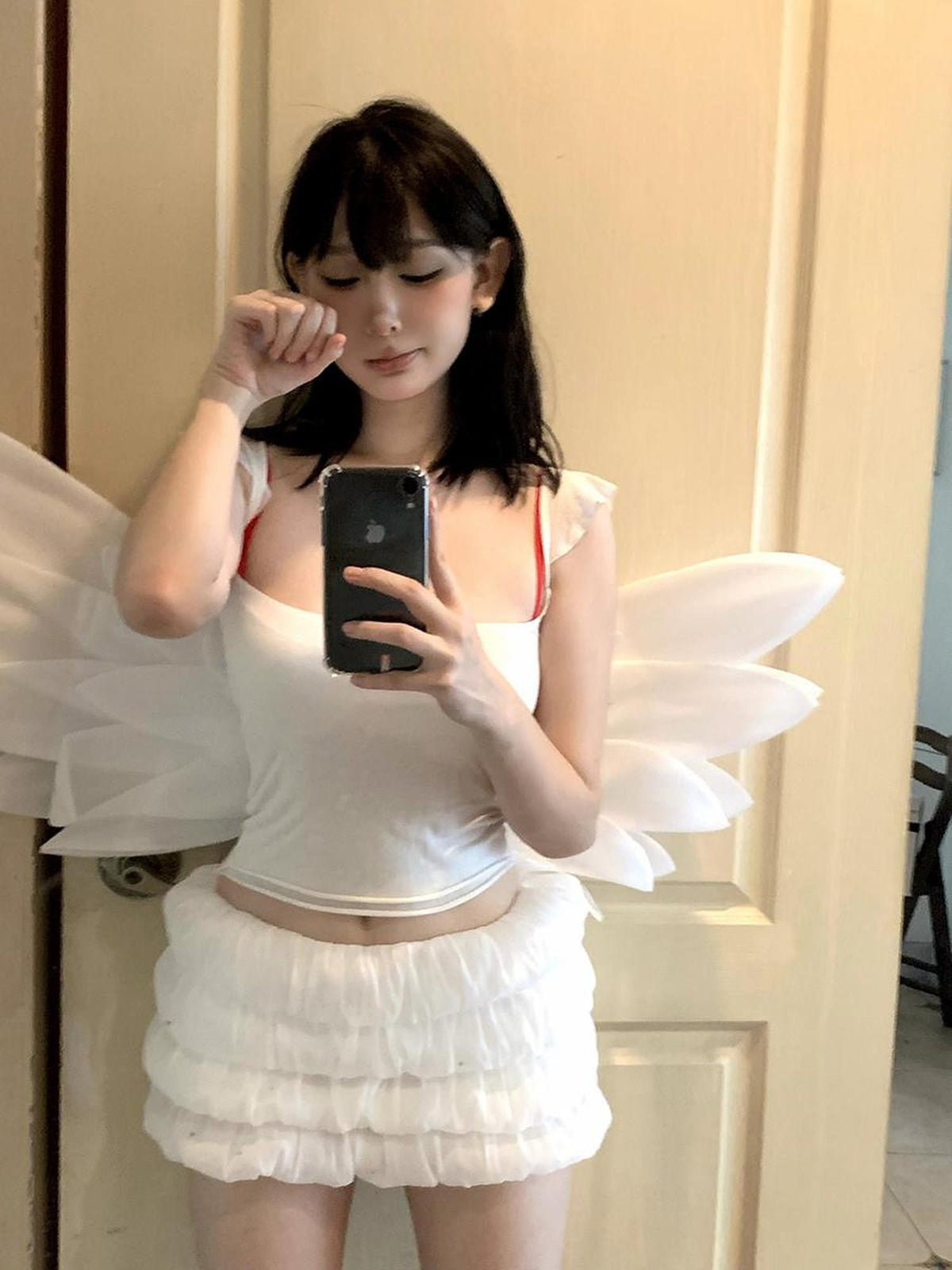itsdinn Solid Double Layer Flutter Wing Sleeve Women&