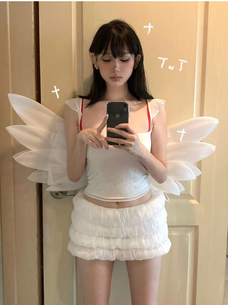 itsdinn Solid Double Layer Flutter Wing Sleeve Women&