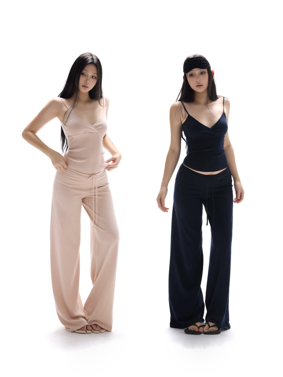 itsdinn Split Backless Tie Knit Cami Straight Pants Women&