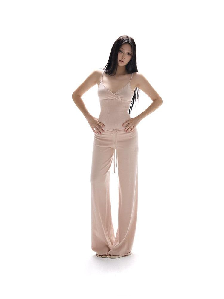 itsdinn Split Backless Tie Knit Cami Straight Pants Women&