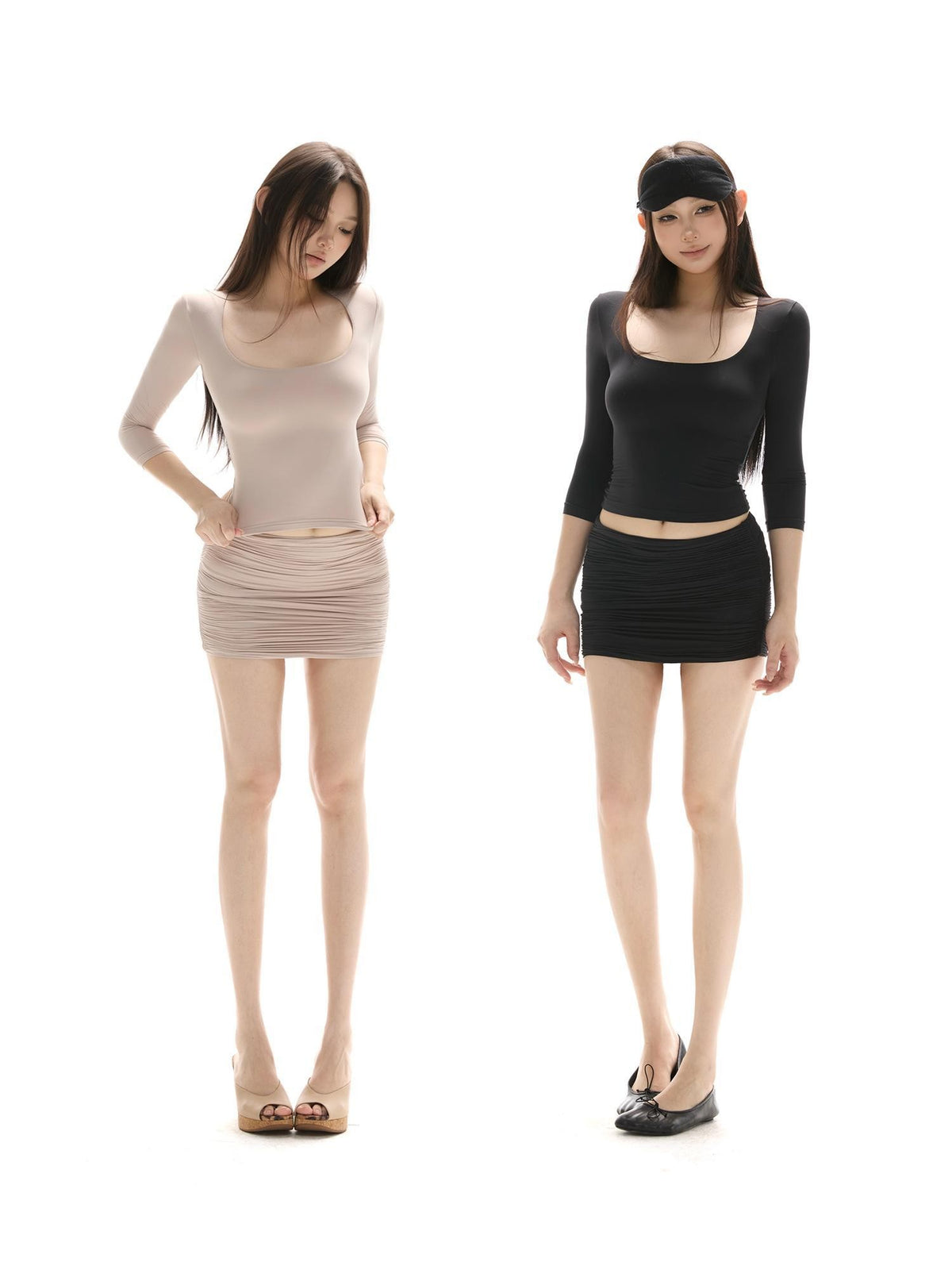 itsdinn Square U Neck Ruching 3 4 Sleeve Low Waist Mini Women&