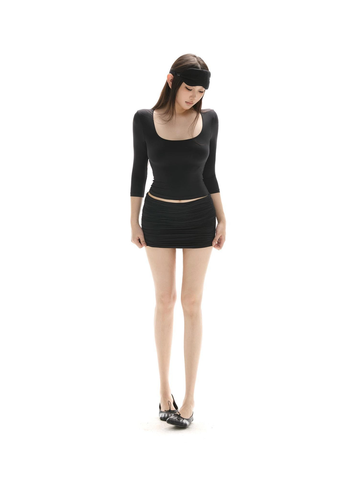 itsdinn Square U Neck Ruching 3 4 Sleeve Low Waist Mini Women&