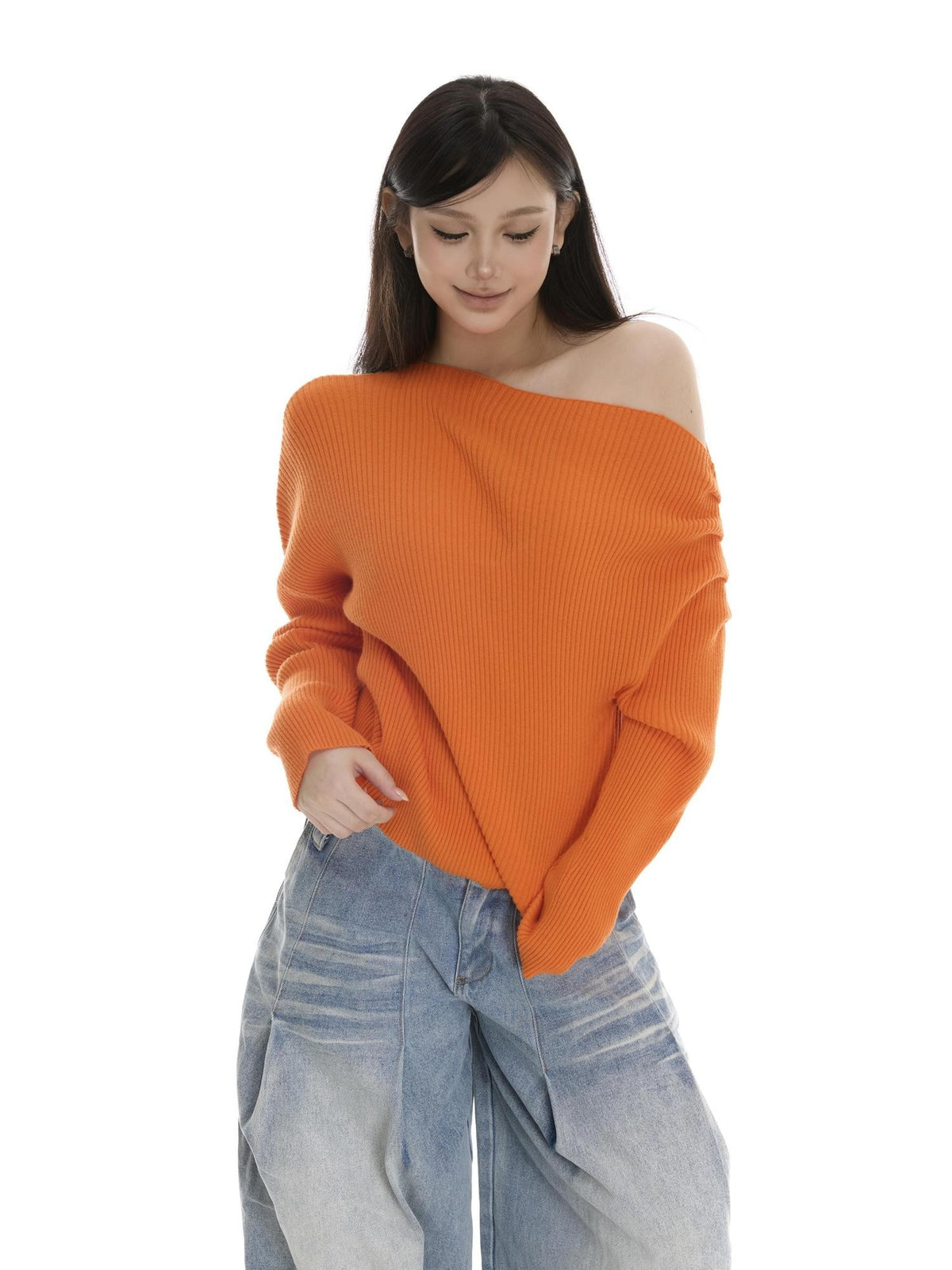 itsdinn Two Tone Slanted Shoulder Vertical Rib Ruched Waist Women&