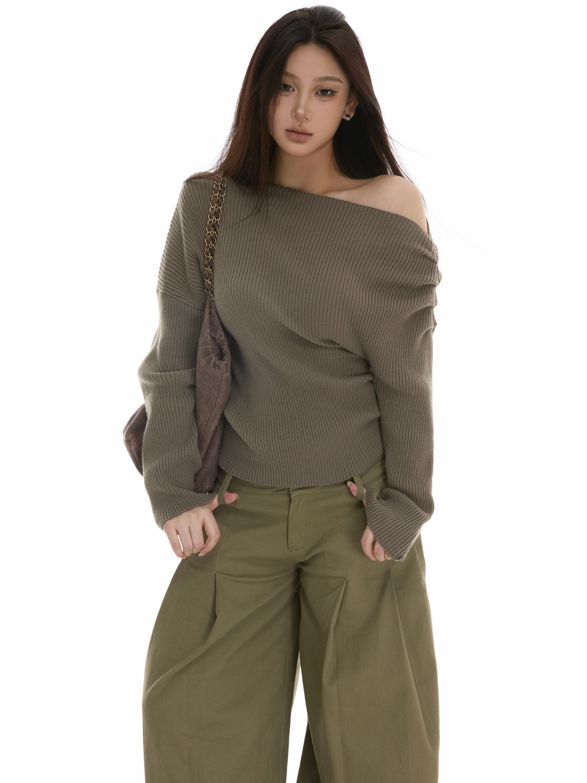 itsdinn Two Tone Slanted Shoulder Vertical Rib Ruched Waist Women&