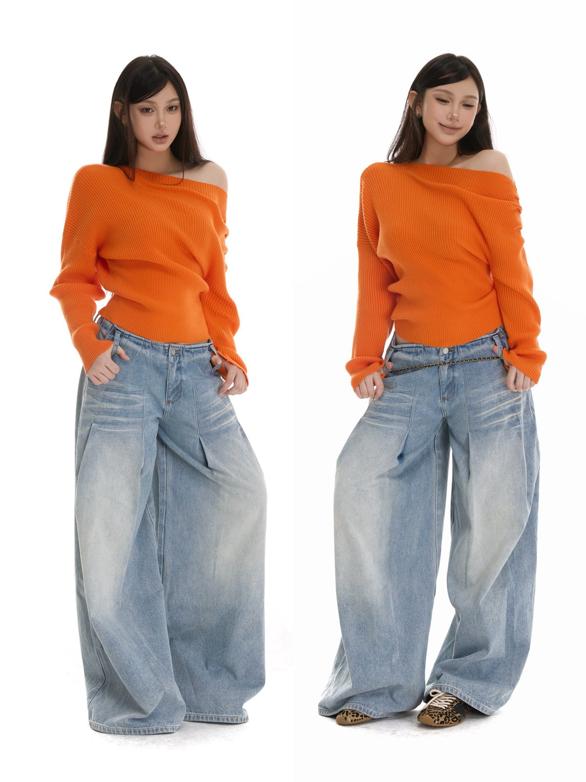 itsdinn Two Tone Slanted Shoulder Vertical Rib Ruched Waist Women&