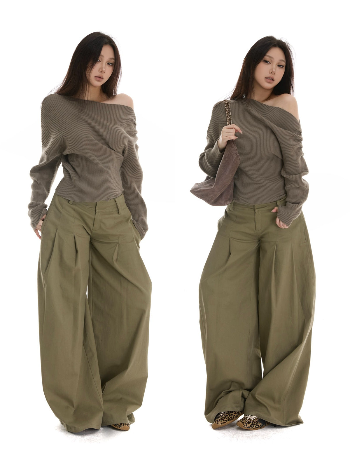 itsdinn Two Tone Slanted Shoulder Vertical Rib Ruched Waist Women&