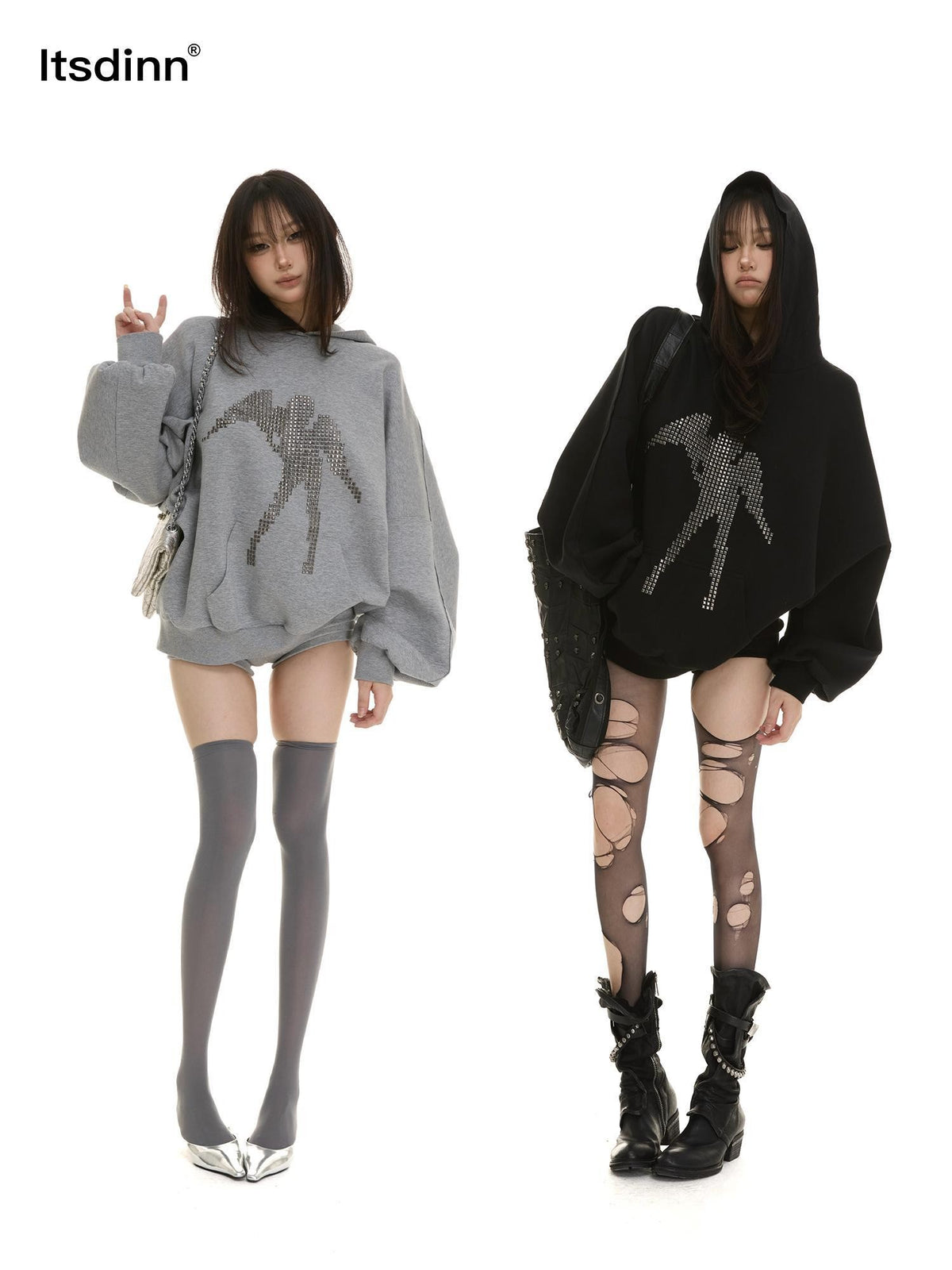 itsdinn Two Tone Studded Hooded Drop Shoulder Women&