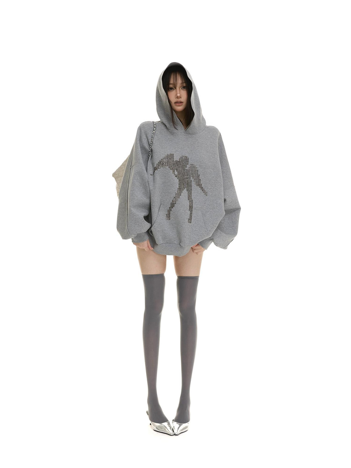 itsdinn Two Tone Studded Hooded Drop Shoulder Women&