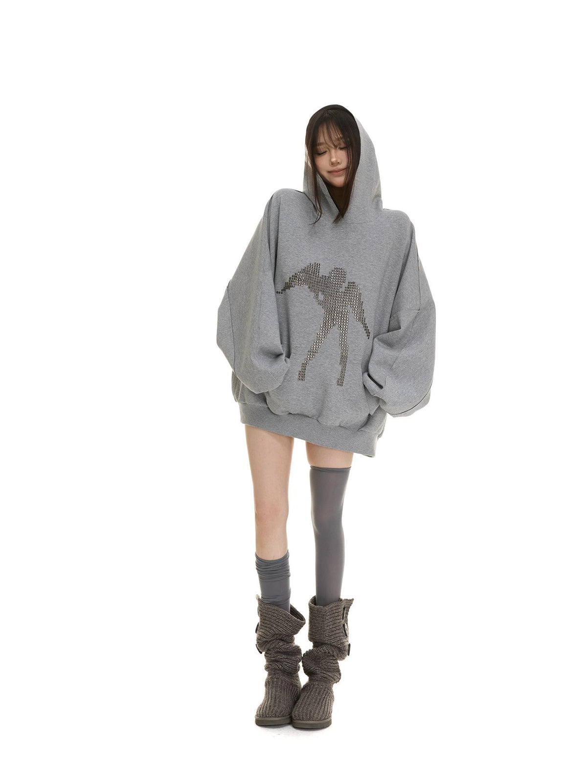 itsdinn Two Tone Studded Hooded Drop Shoulder Women&