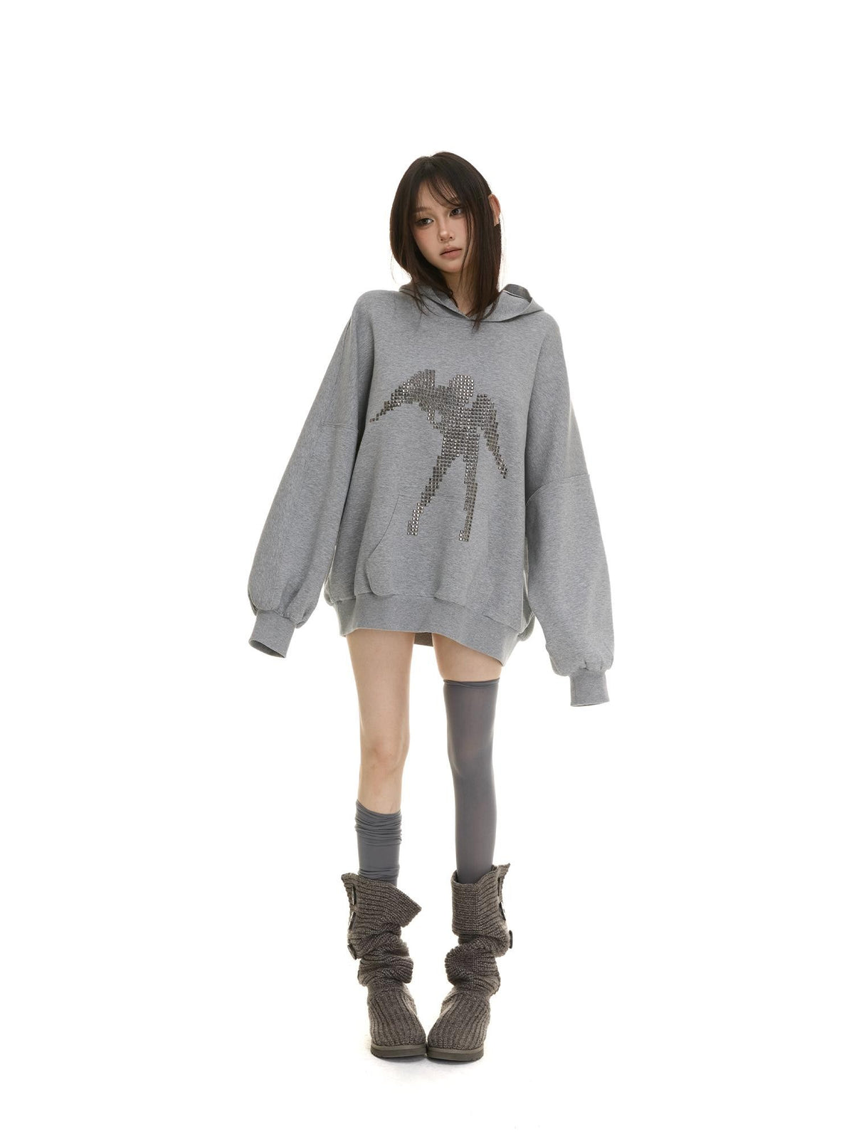 itsdinn Two Tone Studded Hooded Drop Shoulder Women&