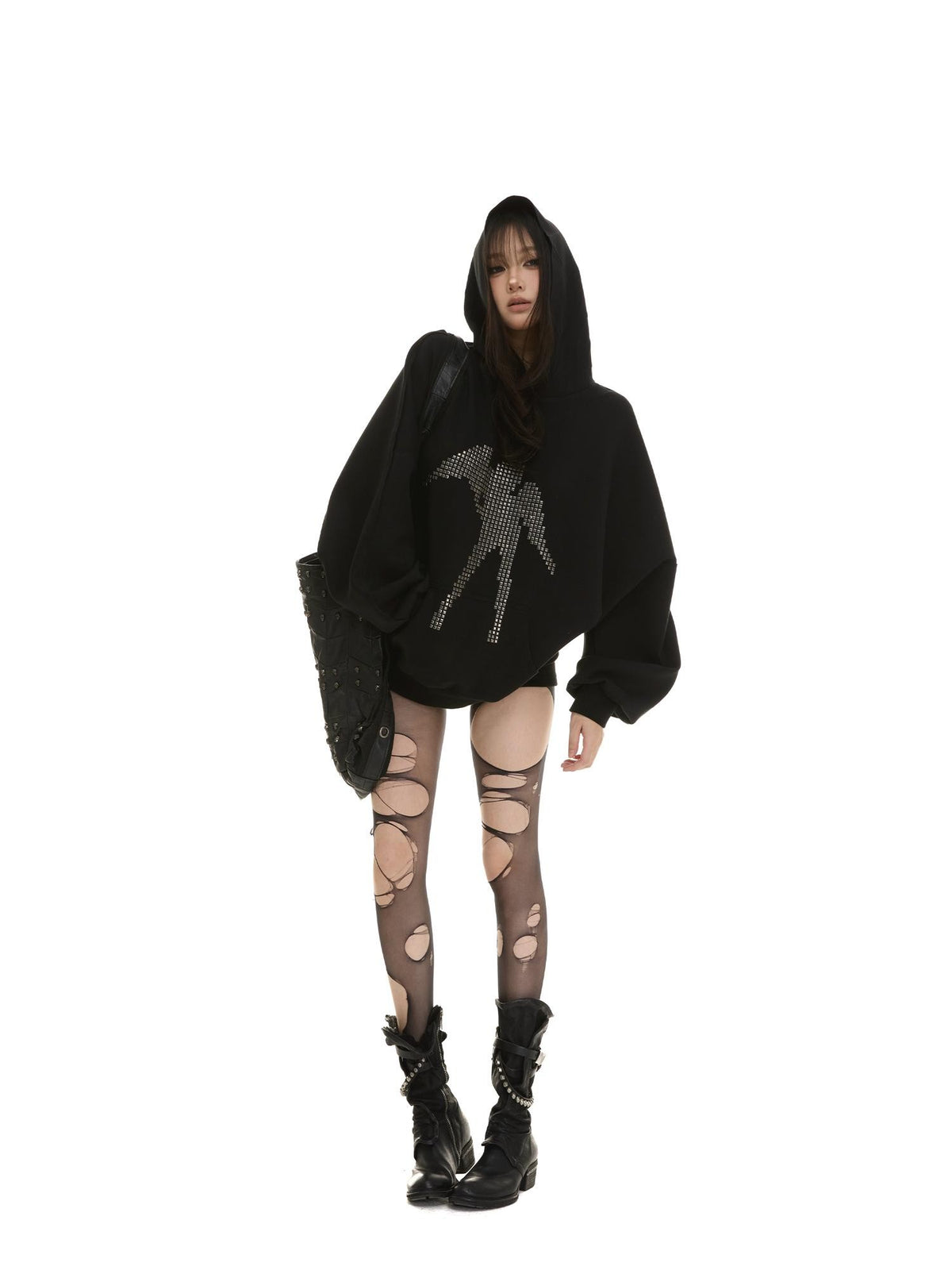 itsdinn Two Tone Studded Hooded Drop Shoulder Women&