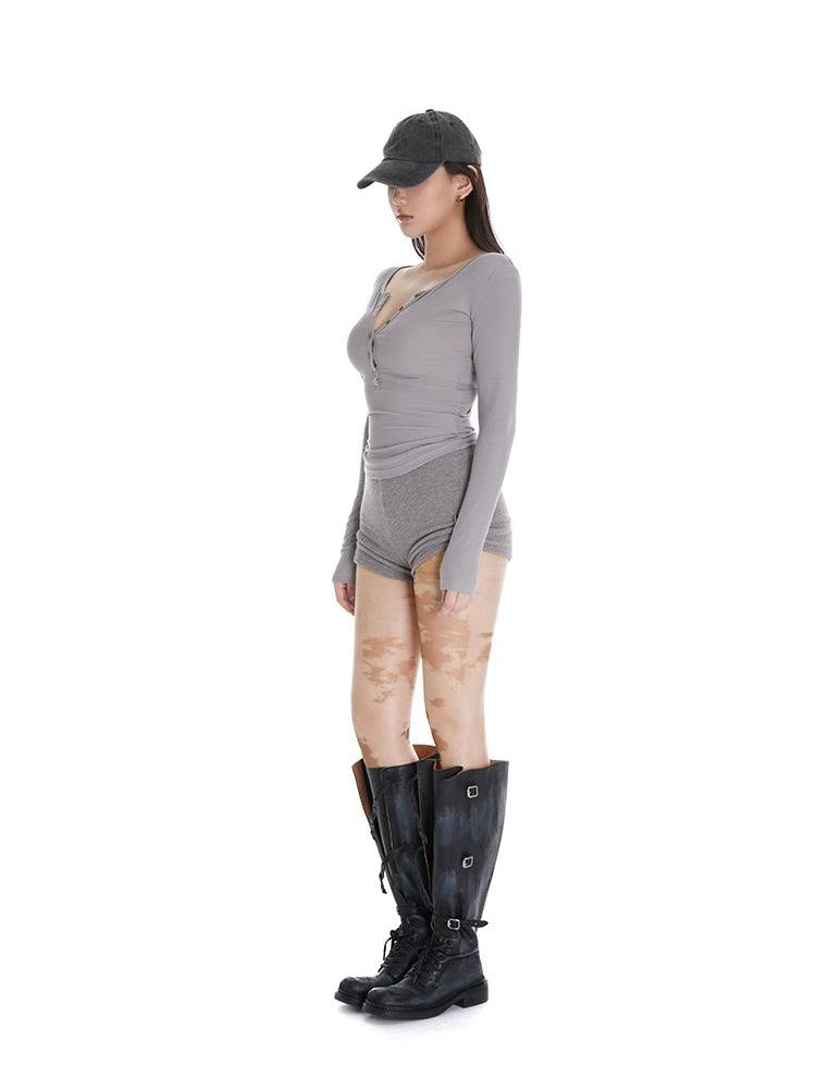 itsdinn Two Tone Wood Button Henley Women&