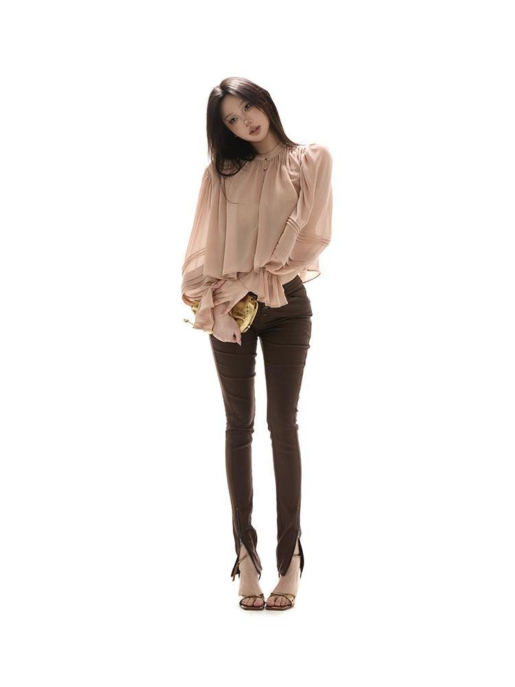 itsdinn Victorian Sheer Ruffle Lantern Sleeve Women&