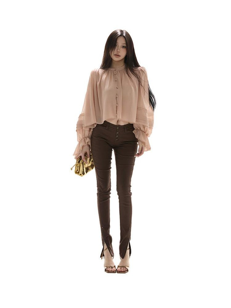 itsdinn Victorian Sheer Ruffle Lantern Sleeve Women&