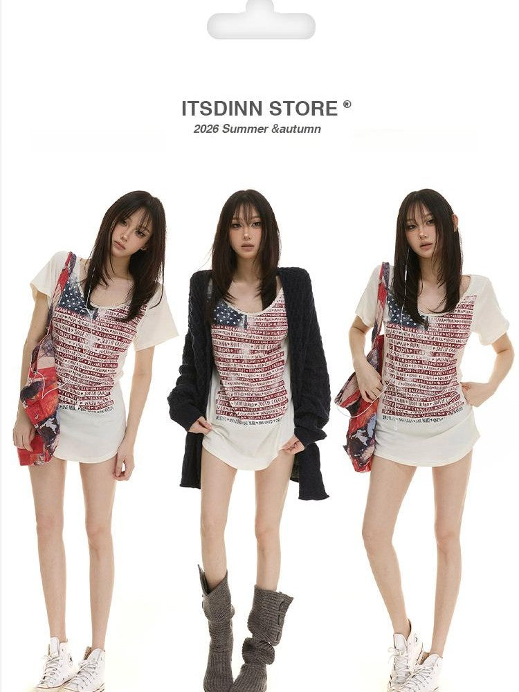 itsdinn Vintage Distressed Print U Neck Women&