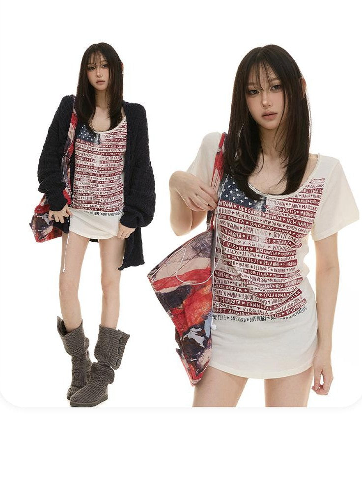 itsdinn Vintage Distressed Print U Neck Women&