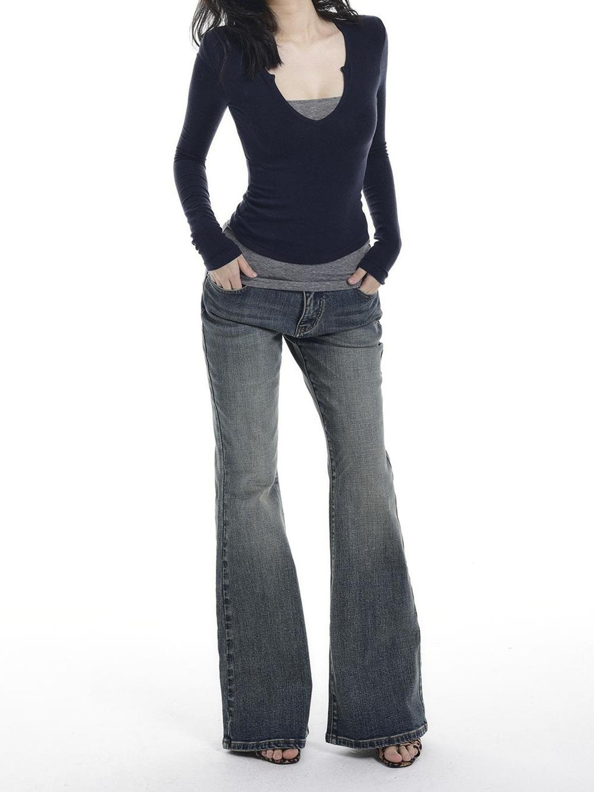 itsdinn Vintage Grey Blue Slim Fit Mid Rise Women&
