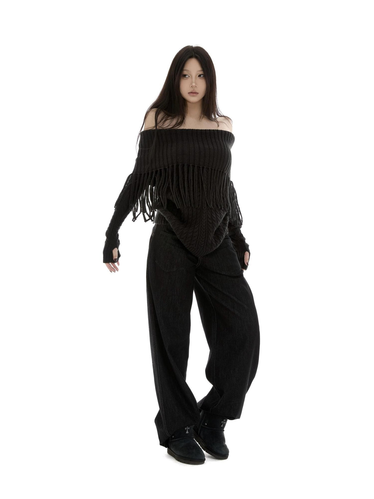 itsdinn Vintage Tassel Patchwork Cable Knit Women&