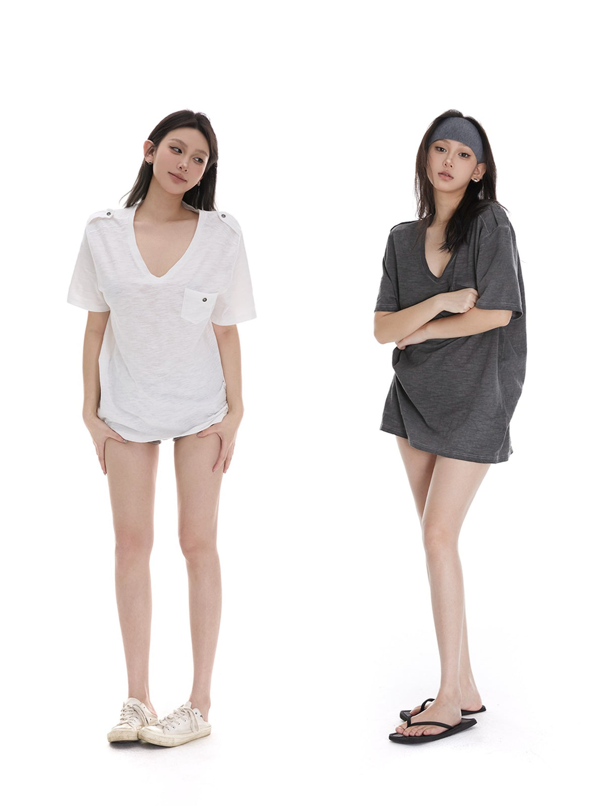 itsdinn Washed V-neck Short Sleeve Solid Loose Women&