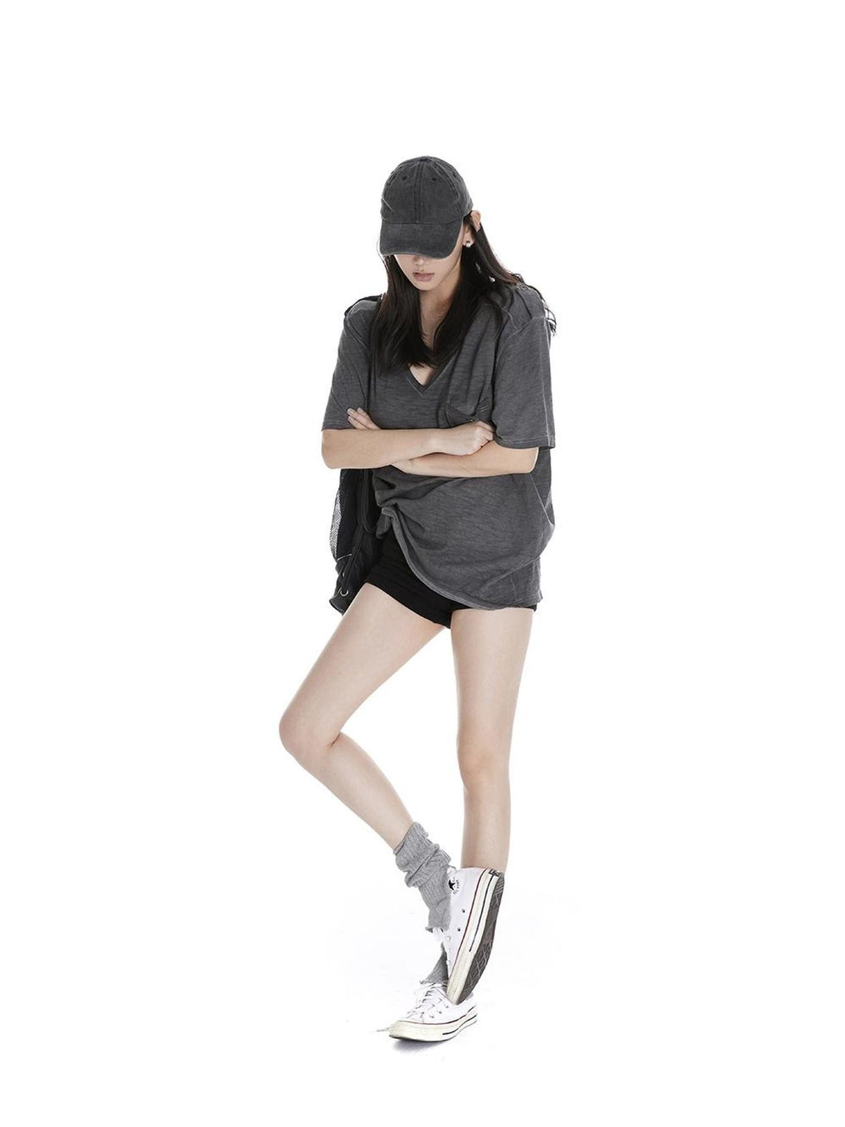 itsdinn Washed V-neck Short Sleeve Solid Loose Women&